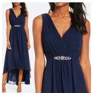 Eliza J Womens Size 10 Navy Embellished High Low Chiffon Cocktail Midi Dress